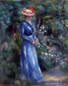 Mujer con un vestido azul, de pie en el jardín de Saint Cloud