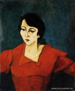 Mujer de rojo con fondo verde