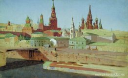 Vista del puente Moskvoretsky, el Kremlin y la catedral Pokrovsk