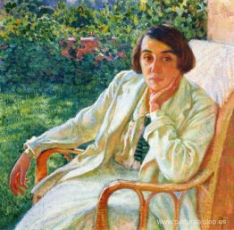 Elizabeth van Rysselberghe en una silla de mimbre