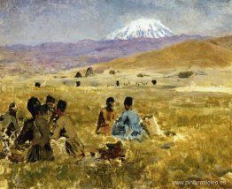 Persas almorzando en la hierba, el monte Ararat en la distancia