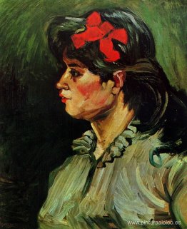 retrato de una mujer con una cinta roja