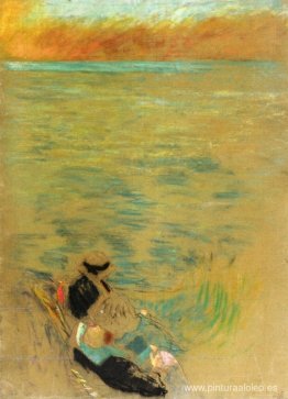 Mar al atardecer, mujeres en la orilla