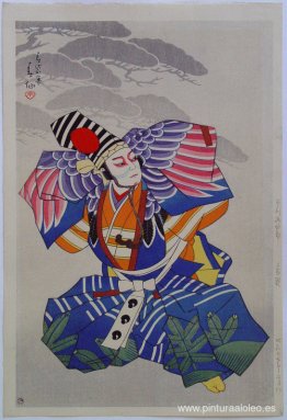 Ichikawa Danshiro como bailarina Sanbasô con kimono azul