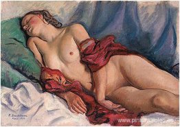 Durmiendo desnuda con un chal rojo 