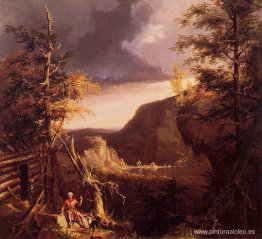 Daniel Boone sentado en la puerta de su cabaña en el gran lago O