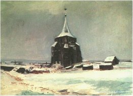 La antigua torre del cementerio de Nuenen en la nieve