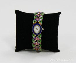 Reloj, correa esmaltada estilo pluma de pavo real, esfera de nác