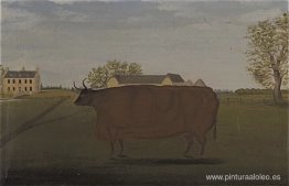 Pintura de una vaca premiada en un campo