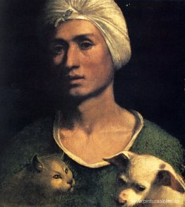 Retrato de un joven con un perro y un gato.