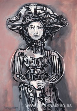 Dama con sombrero en fondo gris-rosa