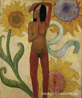 Mujer caribeña o desnudo femenino con girasoles