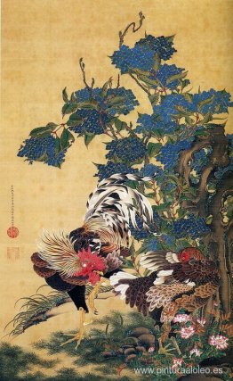 Gallo y Gallina con Hortensias