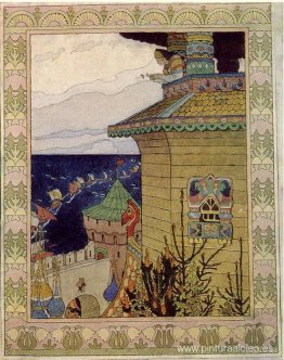 Princesa en la torre de la prisión. Ilustración del cuento ruso