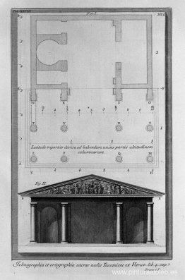 Planta y alzado del segundo templo toscano de Vitruvio.