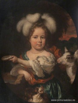 retrato, de, un, niña joven, con, un, pluma, tocado, y, un, niño