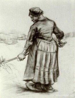 Mujer campesina, lanzando trigo o heno