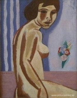 Mujer desnuda con ramo de flores.