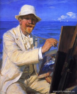 Autorretrato, sentado junto a su caballete en la playa de Skagen