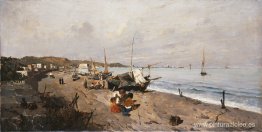 Barcos y niños en la playa.