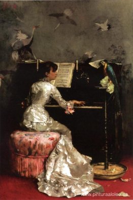 mujer joven, en, piano