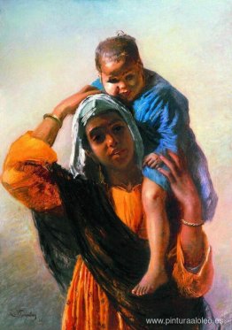 Mujer oriental con un niño.