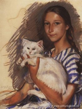 Retrato de Natasha Lancere con un gato. 