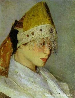 Una niña con Kokoshnik (tocado de mujer en la antigua Rusia)