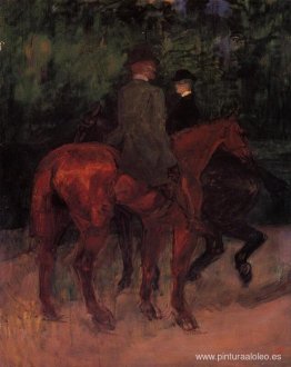 Hombre y mujer cabalgando por el bosque