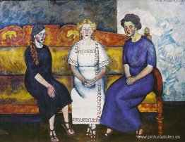 Tres hermanas en el sofá. Retrato de N. Samoilova, L. Samoilova