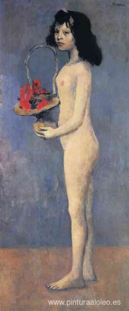 Joven desnuda con cesta de flores