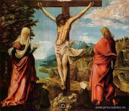 Escena de la crucifixión, Cristo en la cruz con María y Juan