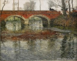 Paisaje del río francés con un puente de piedra