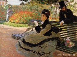 Camille Monet en un banco de jardín