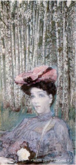 Retrato de N. Zabela-Vrubel al borde de un bosque de abedules