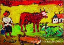 Campesina con vacas rojas y verdes.