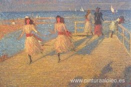 Niñas corriendo, muelle de Walberswick