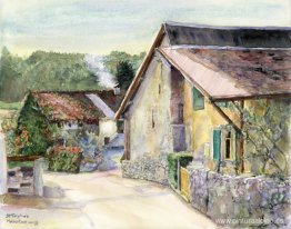 Antigua granja en el pueblo suizo de Saint-Triphon, pintura acua