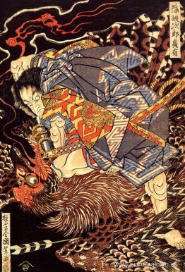 Oki no Jiro Hiroari matando a un tengu monstruoso