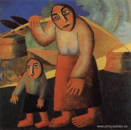 Campesina con cubos y un niño.