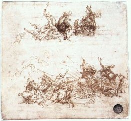 Página de un cuaderno que muestra figuras luchando a caballo y a