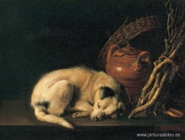 Un perro durmiendo con una maceta de terracota