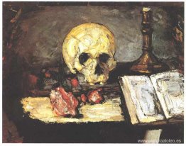 Naturaleza muerta con calavera, vela y libro.