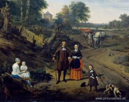 Retrato de una pareja con dos hijos y una niñera en un paisaje (