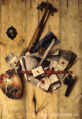 Trompe l'oeil con violín, instrumentos de pintor y autorretrato.