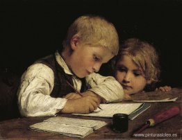 Niño escribiendo con hermana pequeña