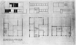 Diseño de casa y estudio para Bertalan Pór, alzados y planos.